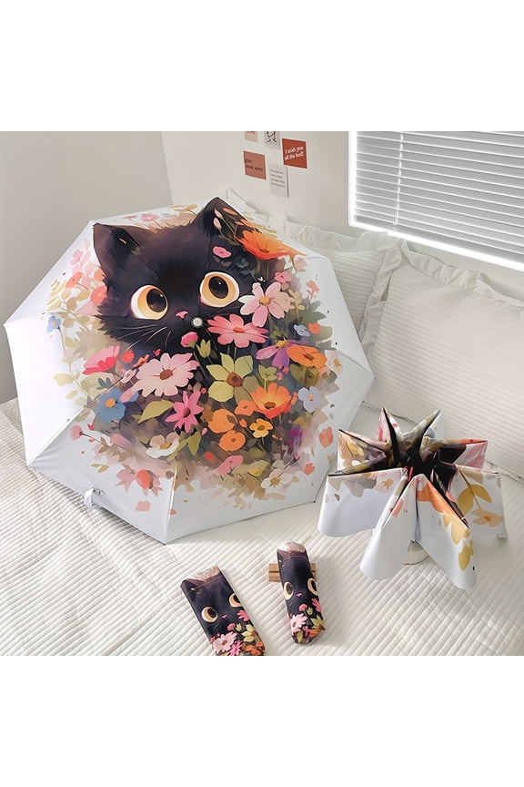 Fully Automatic Open and Close Folding Umbrella with Cute Flower and Cat Patterns, Sun Protection, Rain Protection, UV Protection, Multifunctional Travel Umbrella 1pc