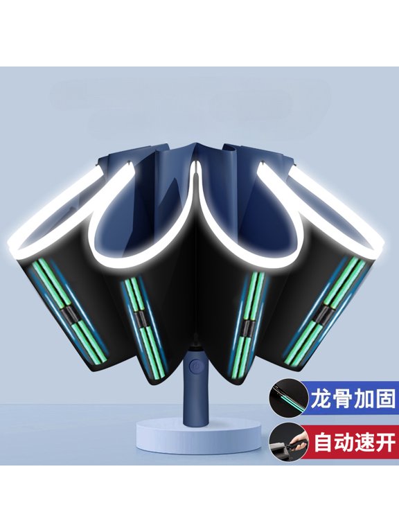Fully Automatic Reverse Folding Umbrella Blackout UV Blocking Sun Umbrella with Reflective Stripe Double Bones Windproof Compact Travel Umbrella for Outdoor Use