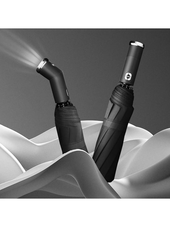 Fully Automatic Rotatable LED Flashlight Umbrella, Black Glue Sunscreen, 10 Ribs 39.37 Inches Canopy, Foldable, Perfect Night Travel Rain Gear for Car Camping