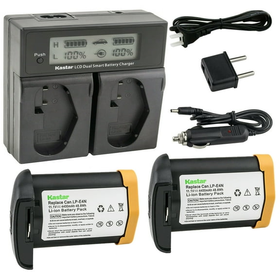 [Fully Decoded] Kastar 2-Pack 11.1V 4400mAh LP-E4N Battery and AC LCD Dual Fast Charger Compatible with Canon Mark III, Mark 3, EOS 1D Mark IV, Mark 4, EOS 1D C, EOS 1D X, EOS 1D X Mark II, Mark 2