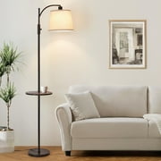 Fully Dimmable Floor Lamp for Living Room，Standing Lamp Rotary Switch with Table&Linen Beige Shade，Black Tall Lamps for Bedroom with Adjust Head，9W LED Bulb Included