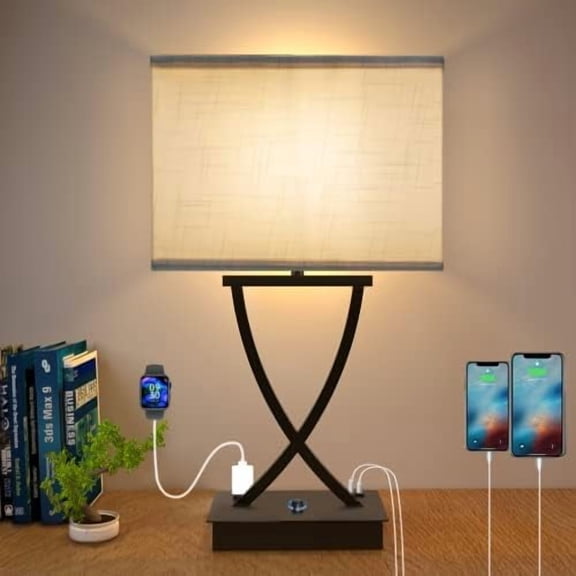 Fully Dimmable Medium Table Lamp for Bedroom with Type C/USB Charging Port and 1 AC Outlet White Shade 21.38" Bedside Nightstand Lamp for Bedroom Living Room Office and Hotel Bulb Included