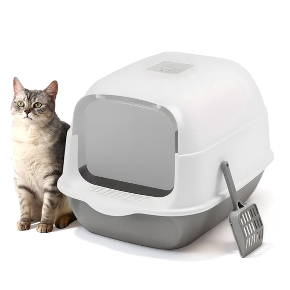 Fully Enclosed Convertible Cat Litter Box, 3 Modes Hooded Cat Toilet with Flip Door, Anti-Splash Odor Control Large Litter Box with Scoop for Kitten & Adult Cats