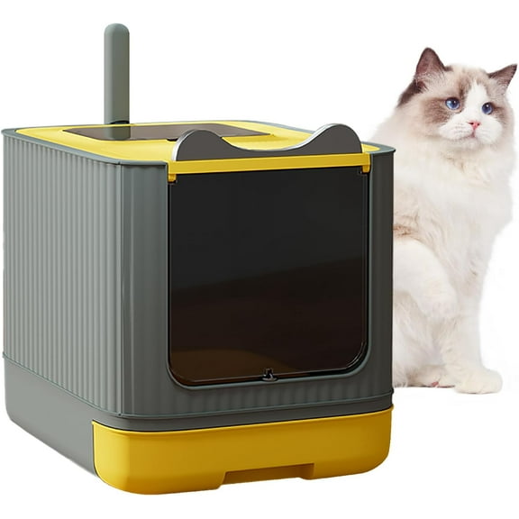 Fully Enclosed Cat Litter Box Enclosure, Premium Covered Litter Box with Lid, Anti-Splashing Easy to Clean Covered Kitty Litter Box, 3 Modes Cat can Use from Kitten to Adult(Yellow&Grey)