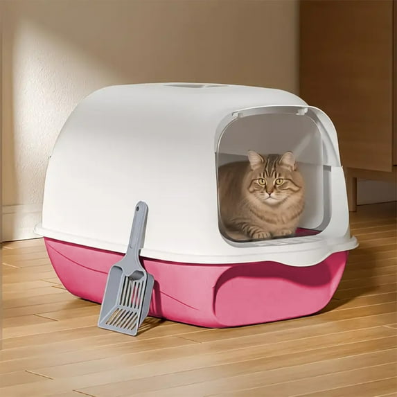 Fully Enclosed Cat Litter Box with Lid, Large Covered Litter Pan with Door, Odor Control Enclosed Litter Box with Viewing Window, Extra Large Cat Litter Box with Scoop and Mat