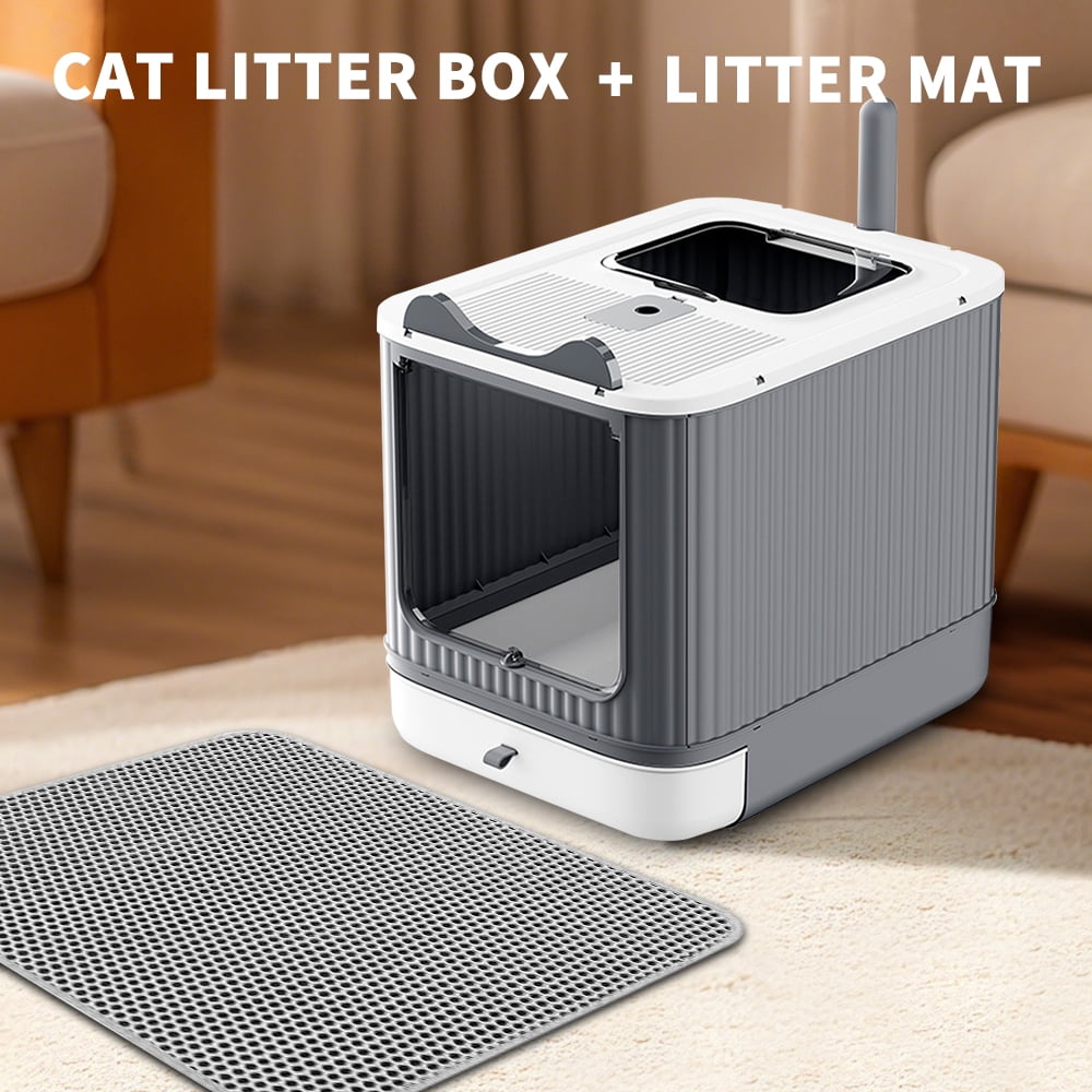 Fully Enclosed Cat Litter Box + Mat, 3-Stage Adjustable Covered Litter Box for Kittens to Adult Cats, Anti-Splash, Odor Control, White