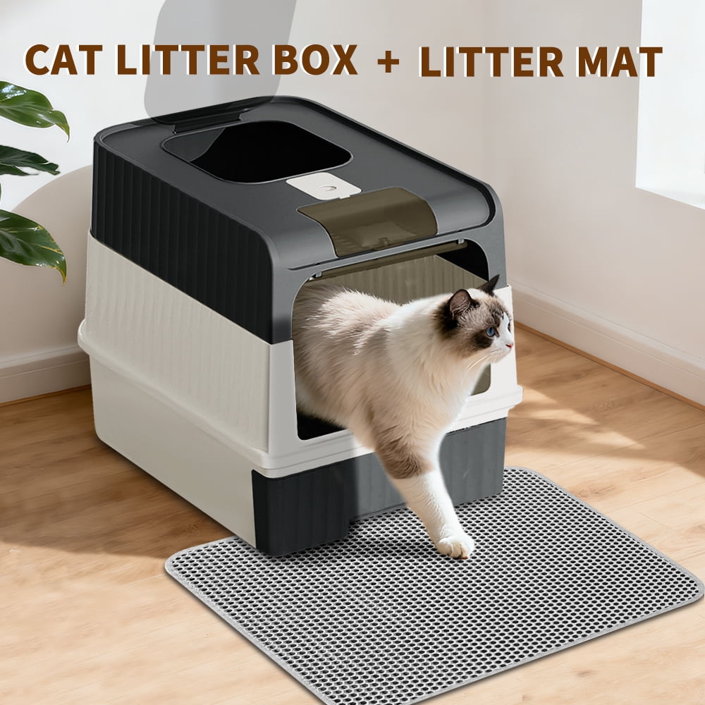 Fully Enclosed Cat Litter Box + Mat, Black/20.5*13.8in