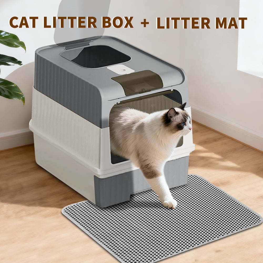 Fully Enclosed Cat Litter Box + Mat, Gray/20.5*13.8in