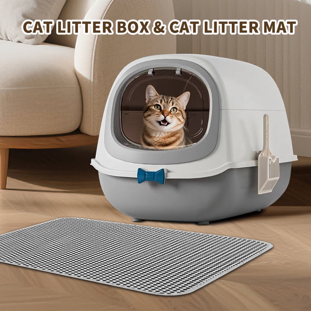 Fully Enclosed Cat Litter Box + Mat, Large Odor-Control Kitty Toilet with Flip Lid, Scoop & Anti-Tracking Pedal, Removable Design, Gray