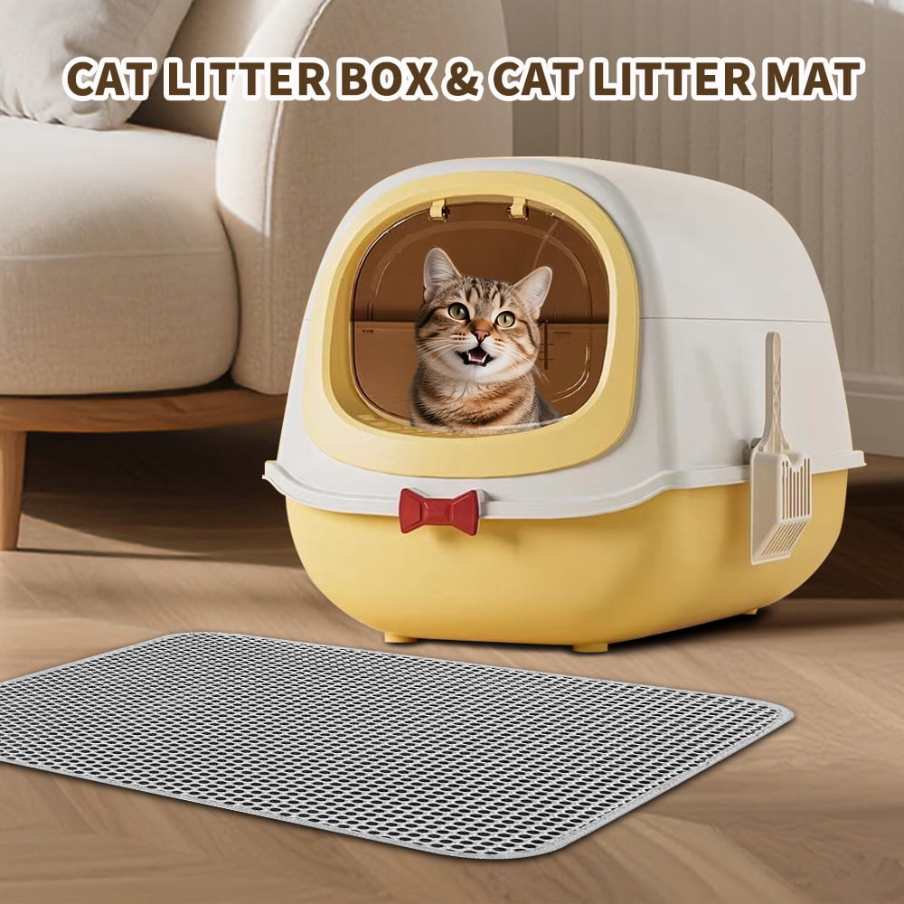 Fully Enclosed Cat Litter Box + Mat, Large Odor-Control Kitty Toilet with Flip Lid, Scoop & Anti-Tracking Pedal, Removable Design, Yellow