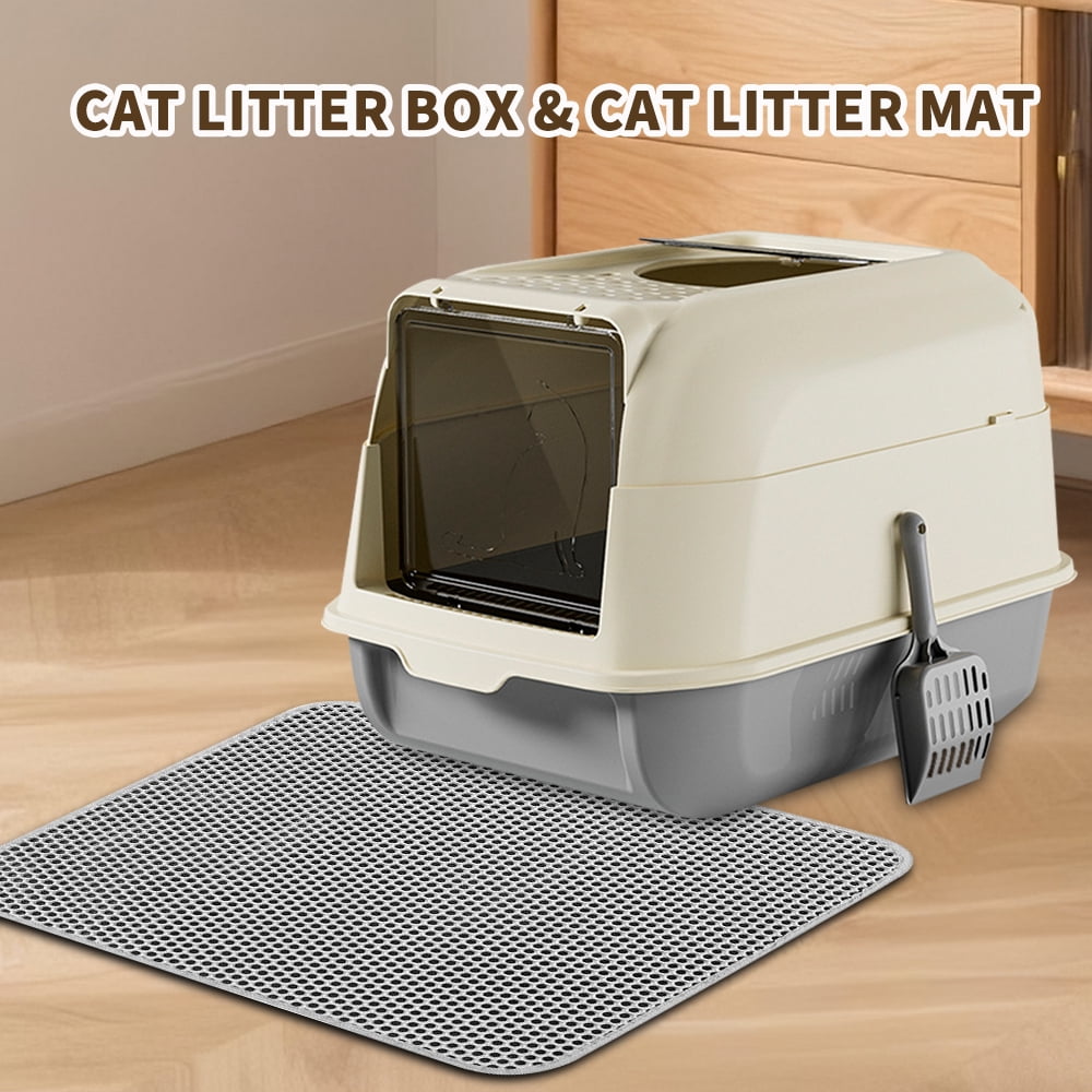 Fully Enclosed Cat Litter Box + Mat, Splash-Proof and Leak-Proof, High Edges, Odorless Design, Gray