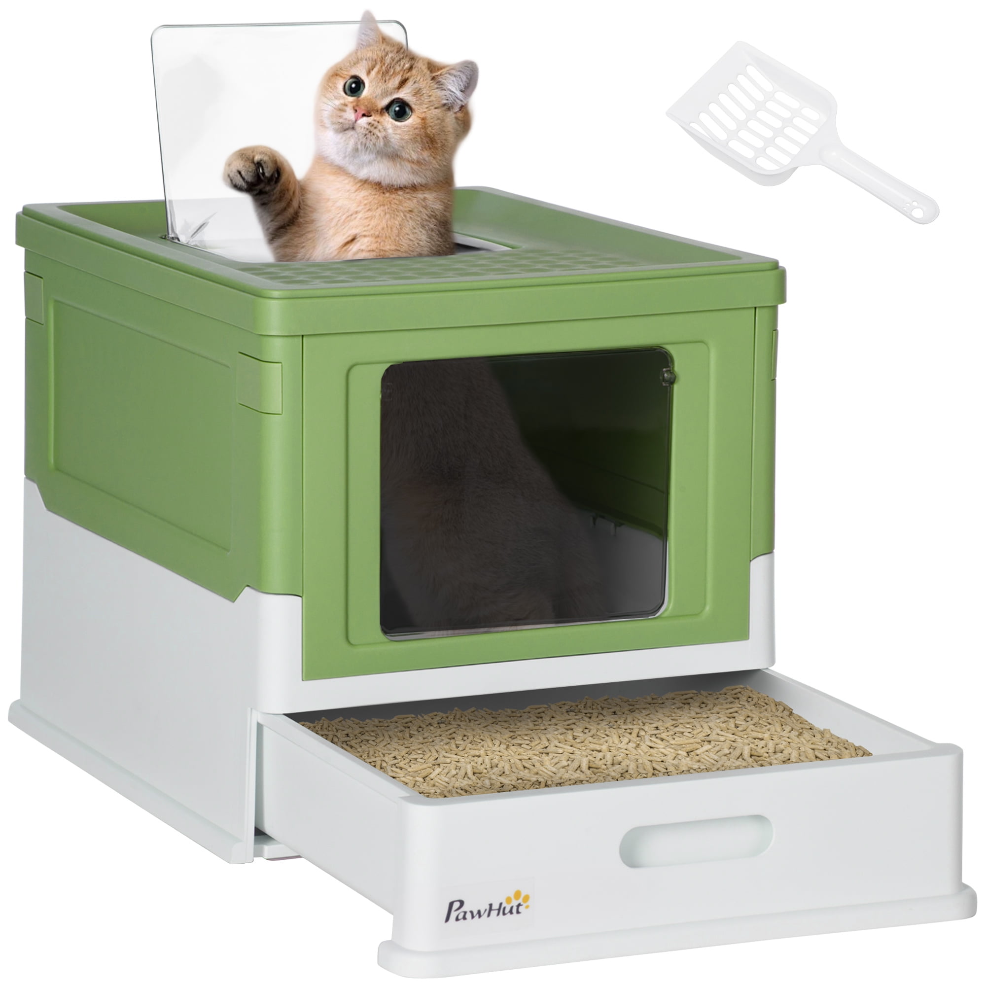 Fully Enclosed Cat Litter Box with Scoop Hooded Litter House Drawer Type Tray Foldable Smell Proof Front Entry Top Exit Large Space Pet Potty Yellowish Green