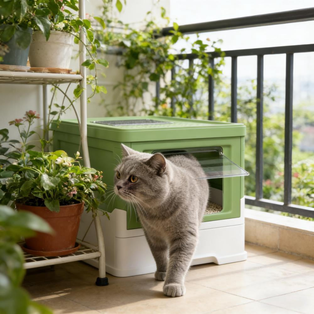Fully Enclosed Cat Litter Box with Front Entry