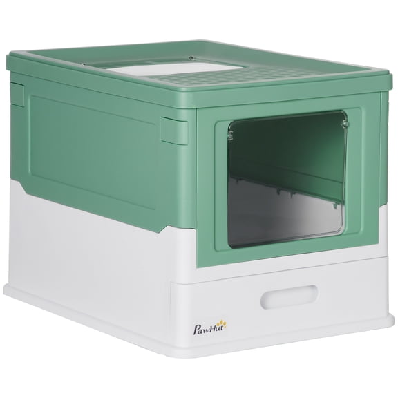 Fully Enclosed Cat Litter Box with Spoon - Large Space Hooded Litter House, Top & Front Entry, Drawer Tray, Odor Control, Collapsible, Green
