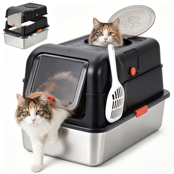 Fully Enclosed Dog Proof Litter Box with Lid Large Stainless Steel Cat Box | Metal Litter Box Dog Proof with scoop Black Cat Litter Box