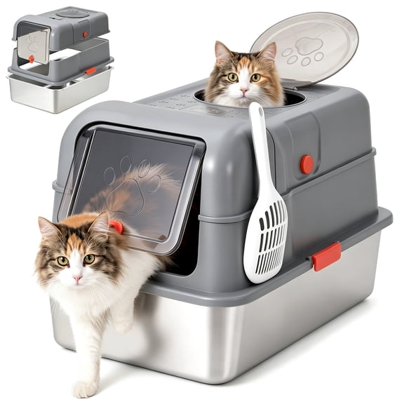 Fully Enclosed Dog Proof Litter Box with Lid Large Stainless Steel Cat Box | Metal Litter Box Dog Proof with scoop Grey Cat Litter Box