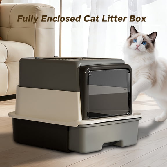 Fully Enclosed Drawer Cat Litter Box with Top Sifting Grate, Gray and White