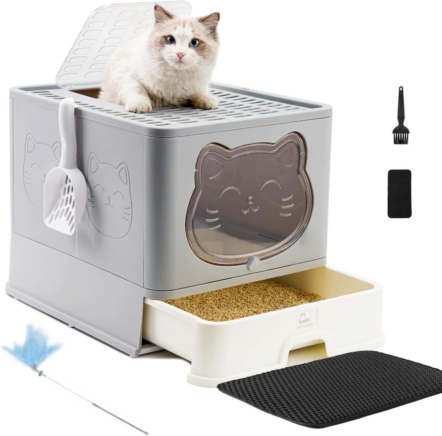 Image showcasing Fully Enclosed Litter Box with Lid, Foldable Extra Large Cat Toilet ...