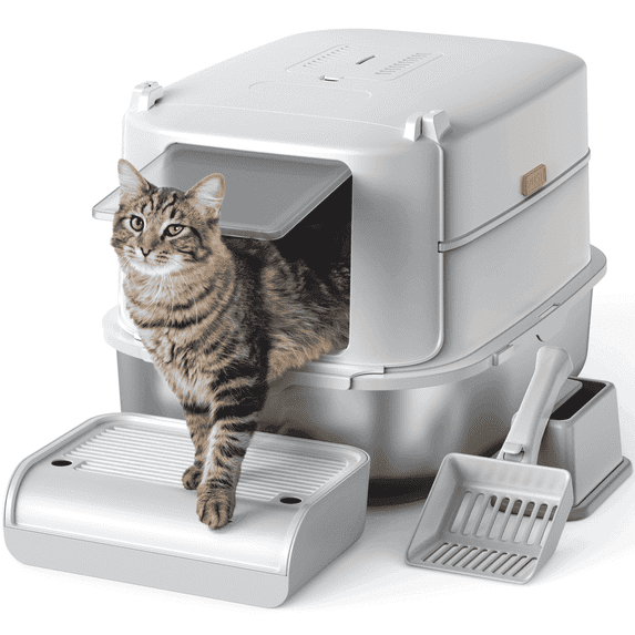 Fully Enclosed Stainless Steel Cat Litter Box, Furkid Dog-Proof Metal Covered Litter Box Enclosure with Scoop, Filter Pedal, Removable Top, Non-Sticky, Non-Odor, Easy Cleaning - Gray
