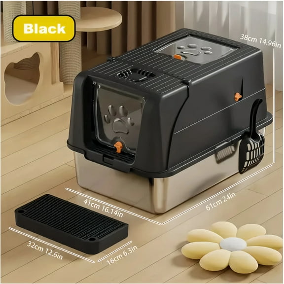 Fully Enclosed Stainless Steel Cat Litter Box Large Space with Anti-Splash Design, Non-Stick Litter & Easy to Clean, Odor Control System, Durable Rust-Proof Litter Pan (Fits All Cat Sizes