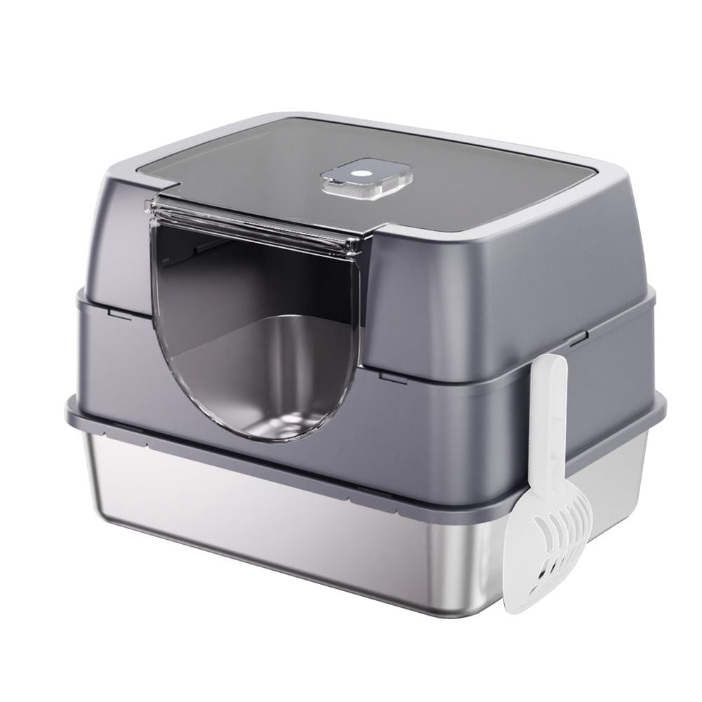 Fully Enclosed Stainless Steel Cat Litter Box White Odor Lock Design, No Litter Scatter, Easy Flip-Top Cleaning