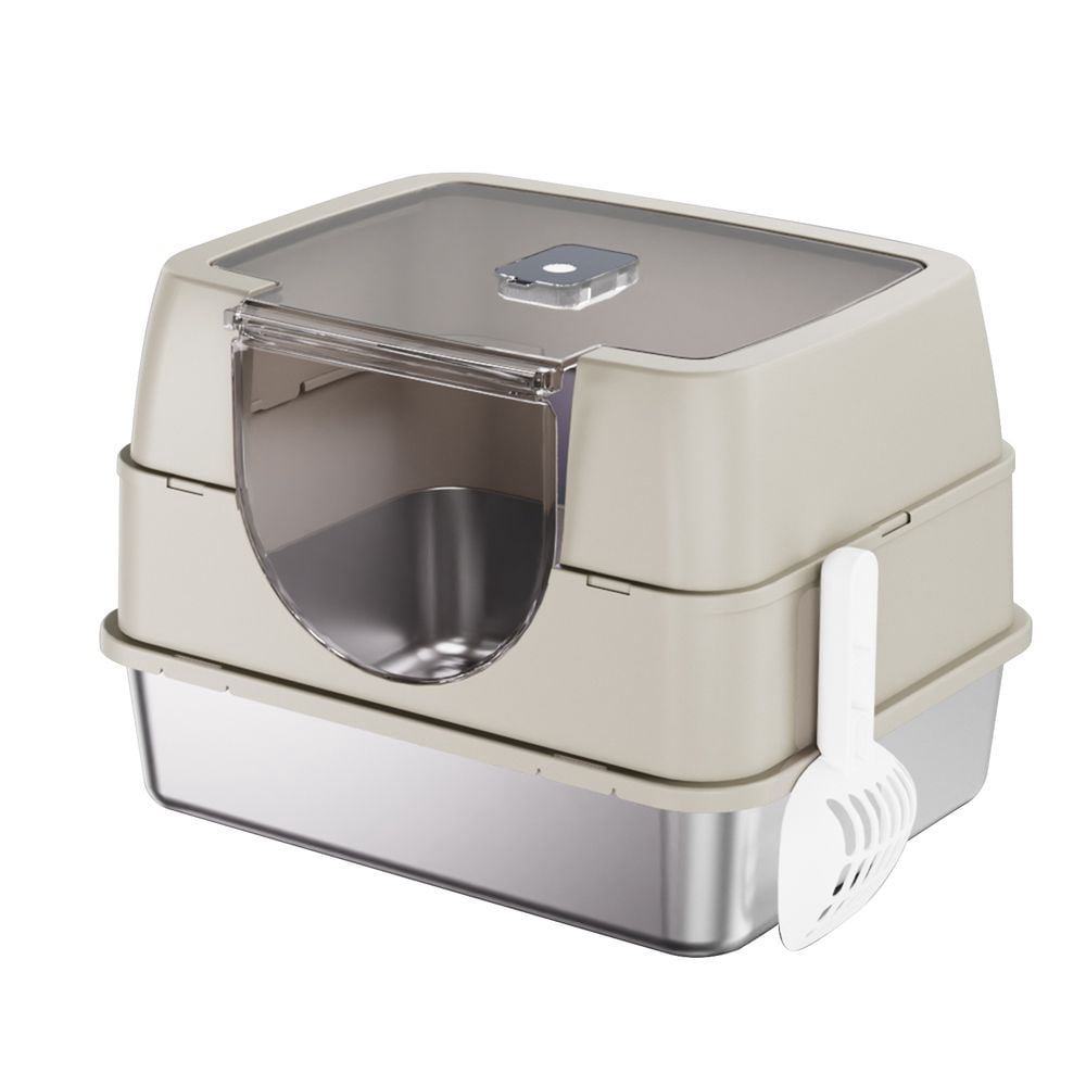 Fully Enclosed Stainless Steel Cat Litter Box White Odor Lock Design, No Litter Scatter, Easy Flip-Top Cleaning