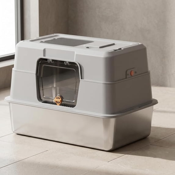Fully Enclosed Stainless Steel Large Cat Litter Box with Lid, Non-Stick Odor Control Kitty Litter Box for Indoor Cats