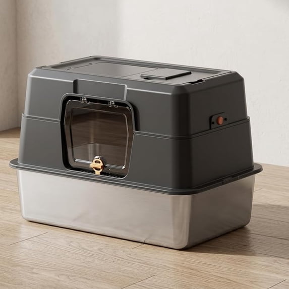 Fully Enclosed Stainless Steel Large Cat Litter Box with Lid, Non-Stick Odor Control Kitty Litter Box for Indoor Cats