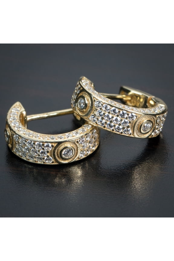 Fully Iced Gold Plated Sterling Silver Diamond Mens Huggie Hoop Earrings