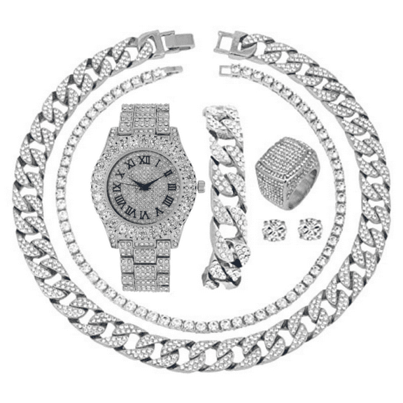 Fully Iced Mens Big Rocks Bezel Color Dial with Roman Numerals, Cuban Chain Bracelet, Cuban Necklace, Tennis Chain & Ring - ST10327CRNT (11, Silver Royal Blue R#)