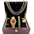 thumbnail image 1 of Fully Iced Mens Big Rocks Bezel Color Dial with Roman Numerals, Cuban Chain Bracelet, Cuban Necklace, Tennis Chain & Ring - ST10327CRNT (Red/Gold - Ring Size 11), 1 of 6