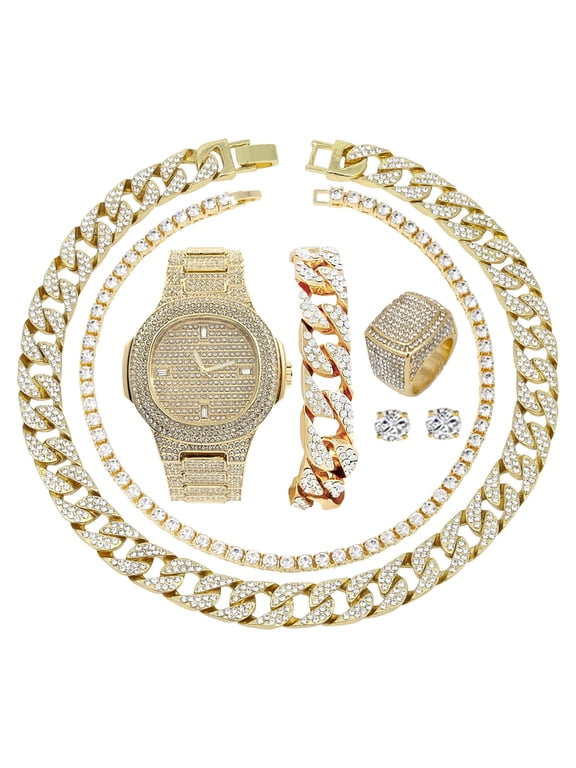 Fully Iced Mens Big Rocks Bezel Color Dial with Baguette , Cuban Chain Bracelet, Cuban Necklace, Tennis Chain & Ring - CRNT (8967 Gold, 8)