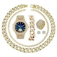 thumbnail image 1 of Fully Iced Mens Big Rocks Bezel Color Dial with Baguette , Cuban Chain Bracelet, Cuban Necklace, Tennis Chain & Ring - CRNT (ST10235 VO GLD BLUE, 12), 1 of 9