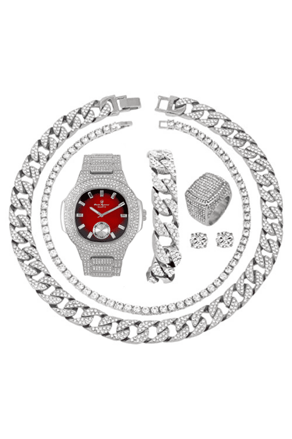 Fully Iced Mens Big Rocks Bezel Color Dial with Baguette , Cuban Chain Bracelet, Cuban Necklace, Tennis Chain & Ring - CRNT (ST10235 VO SLV RED, 8)