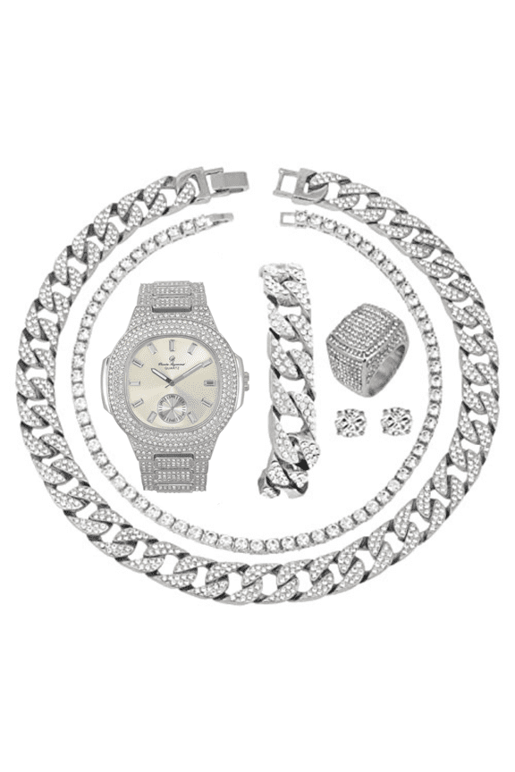 Fully Iced Mens Big Rocks Bezel Color Dial with Baguette , Cuban Chain Bracelet, Cuban Necklace, Tennis Chain & Ring - CRNT (ST10235 VO Shiny SLV, 8)