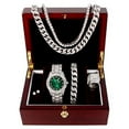 thumbnail image 1 of Fully Iced Mens Big Rocks Bezel Money Green Color Dial with Roman Numerals, Cuban Chain Bracelet, Cuban Necklace, Tennis Chain & Ring - ST10327CRNT (9, Silver - Money Green), 1 of 7
