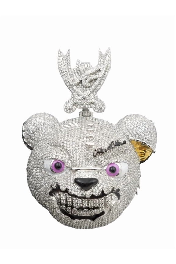 Fully Iced Out Moissanite Diamond Custom Animal Cartoon Angry Bear Face Hip Hop Pendant Angry Bear Head Cartoon Pendant 925 Sterling Silver Handcrafted Rapper Jewelry Gift For Him