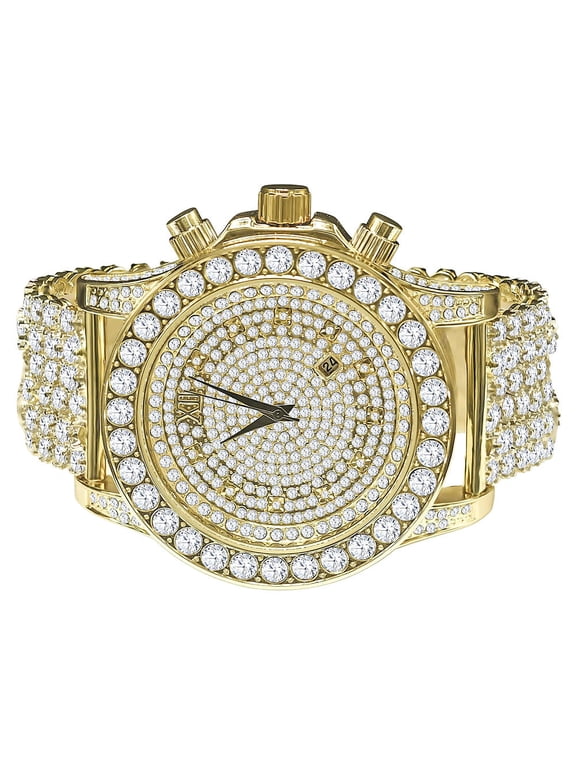 Fully Iced Out 14K Yellow Gold Tone Simulated Diamonds Solitaire Luxury Bling Master Custom Watch W/Date Function