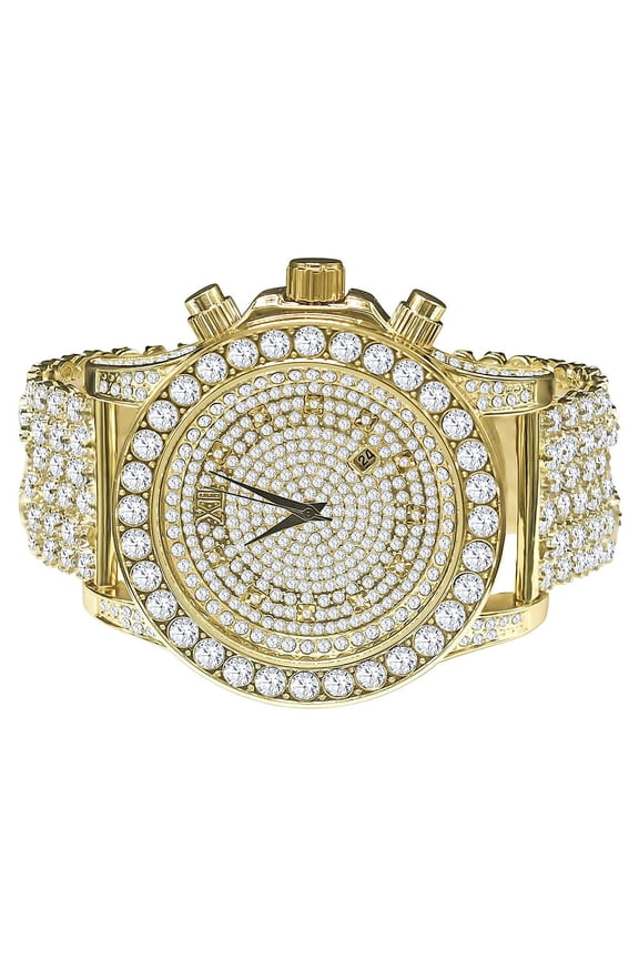 Fully Iced Out 14K Yellow Gold Tone Simulated Diamonds Solitaire Luxury Bling Master Custom Watch W/Date Function