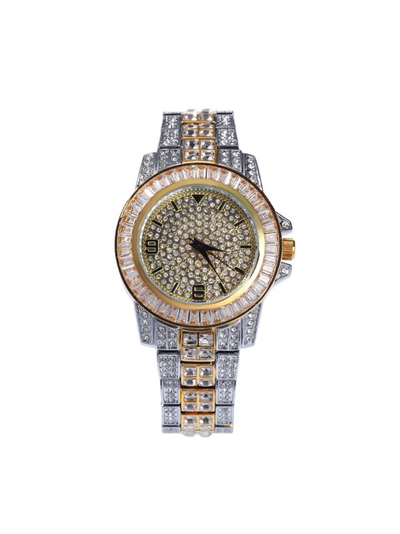 Fully Iced Out Simulated Diamond Bling Stainless Steel Hip Hop 2 Tone Finish Men Adjustable Size Band Custom Luxury Rapper Quartz Watch