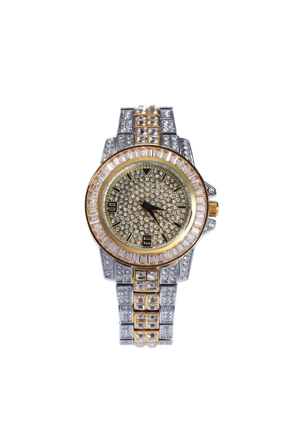 Fully Iced Out Simulated Diamond Bling Stainless Steel Hip Hop 2 Tone Finish Men Adjustable Size Band Custom Luxury Rapper Quartz Watch