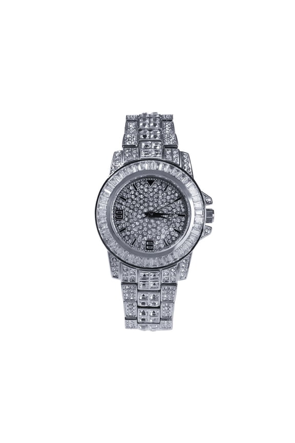 Fully Iced Out Simulated Diamond Bling Stainless Steel Hip Hop White Gold Finish Men Adjustable Size Band Custom Luxury Rapper Quartz Watch