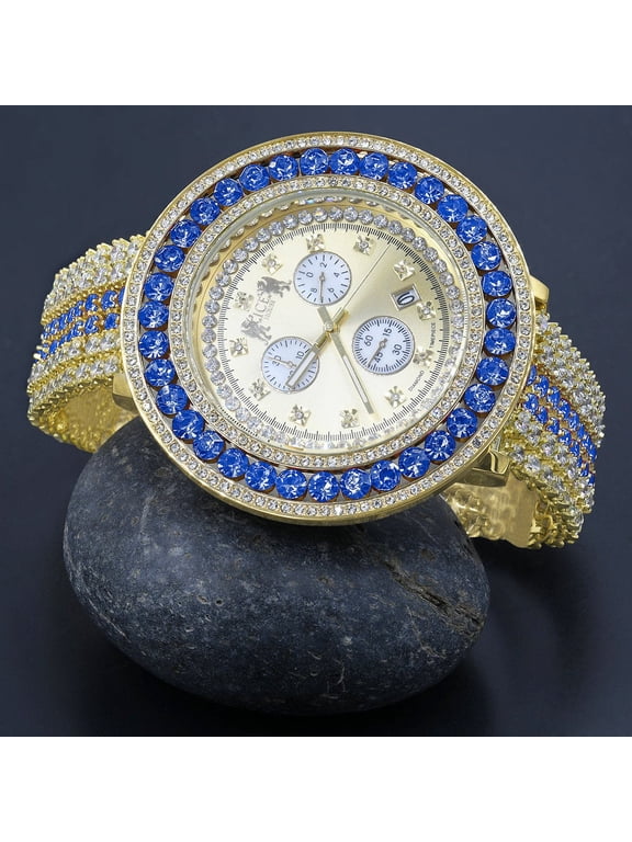 Fully Iced Out Simulated Diamond Blue Sapphire Gold Tone Mens Jo Rodeo Adjustable Size Band Custom Watch
