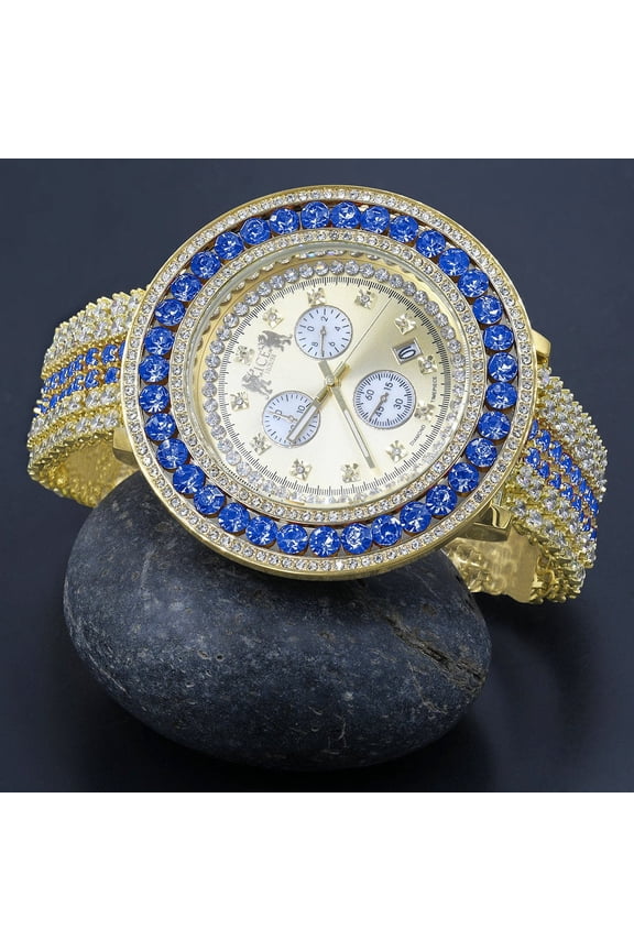 Fully Iced Out Simulated Diamond Blue Sapphire Gold Tone Mens Jo Rodeo Adjustable Size Band Custom Watch