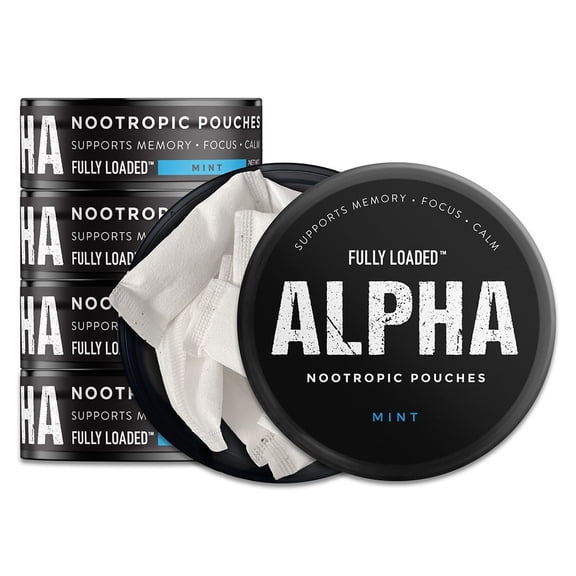 Fully Loaded Alpha Nootropic Pouches (Mint flavor) 5-pack, 15 pouches per can - ALPHA GPC, TYROSINE, GABA