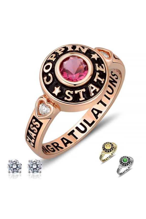 Fully Personalized Customized Sterling Silver Ladies High School Class rings and College Class Ring cubic zirconia Birthstone graduation gifts-Ccjcinata (Sterling Silver - Rose Gold Plated)