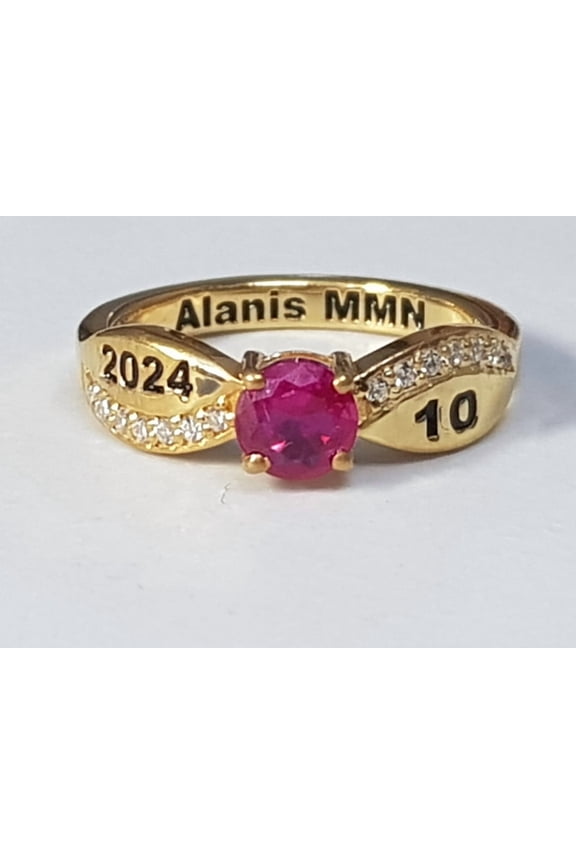Fully Personalized Pink Round Cut And Side Accent Stone Customized Name And Inside Engraved Year High School Girls Class Ring 925 Sterling Silver