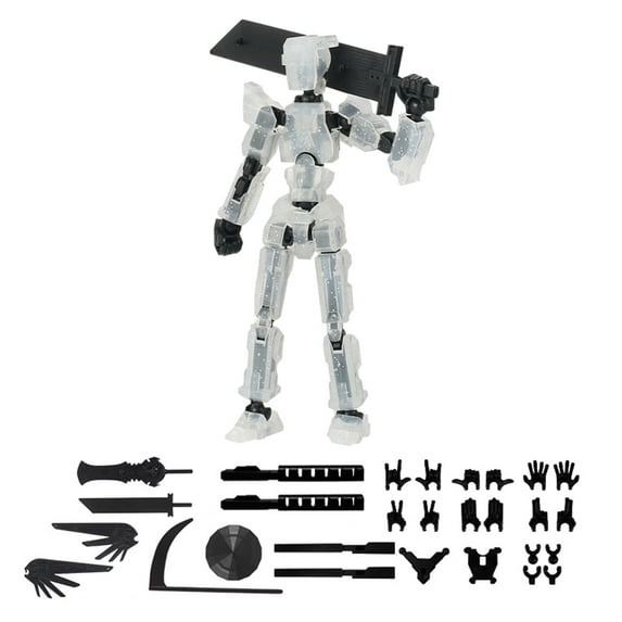 Fully Posable 3D Printed Doll Toy with Interchangeable Hands and Swords Transparent Creative Decompression Robot Statue for Office Desk Ornament