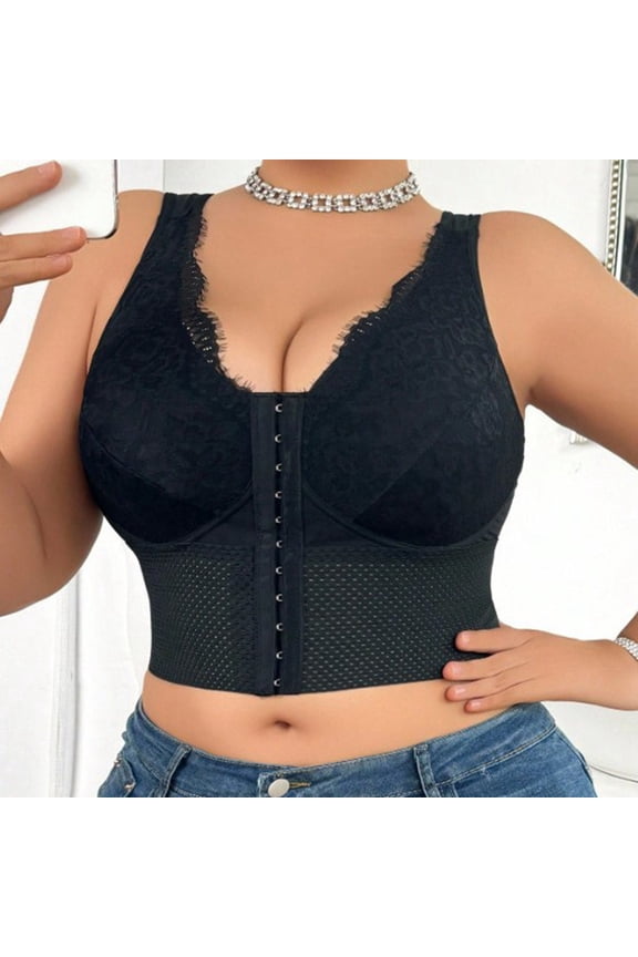 Fully Slimming Wireless Back & Posture Support Longline Bra with Front Closure & Lace