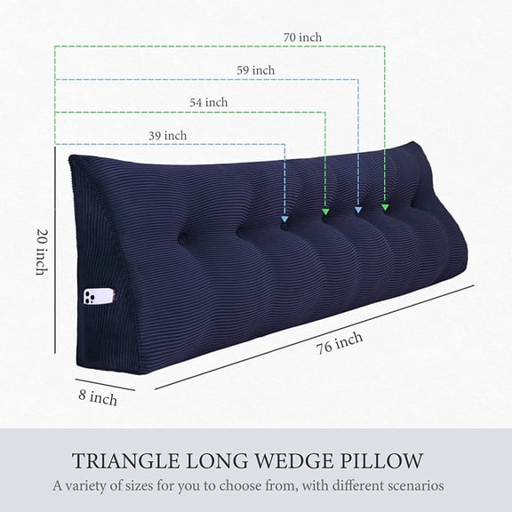 Fully Stuffed Thicken Headboard Pillow Full Padded Headboard Soft and Firm Support Large Bolster Triangular Bed Wedge Pillow Backrest Positioning Bed Rest Reading Pillows for Bed Corduroy Navy Blue
